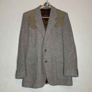 Pendleton Light BrownTweed Wool Leather Western Sport Blazer Jacket Mens 44 Long
